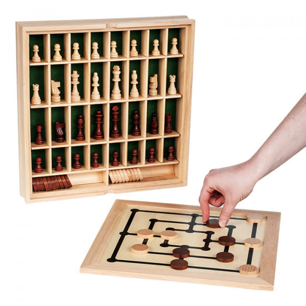 Schach, Dame, & Mühle - Holz-Box