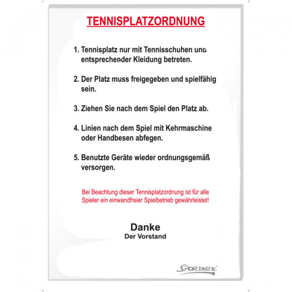 Tafel TENNIS PLATZORDNUNG